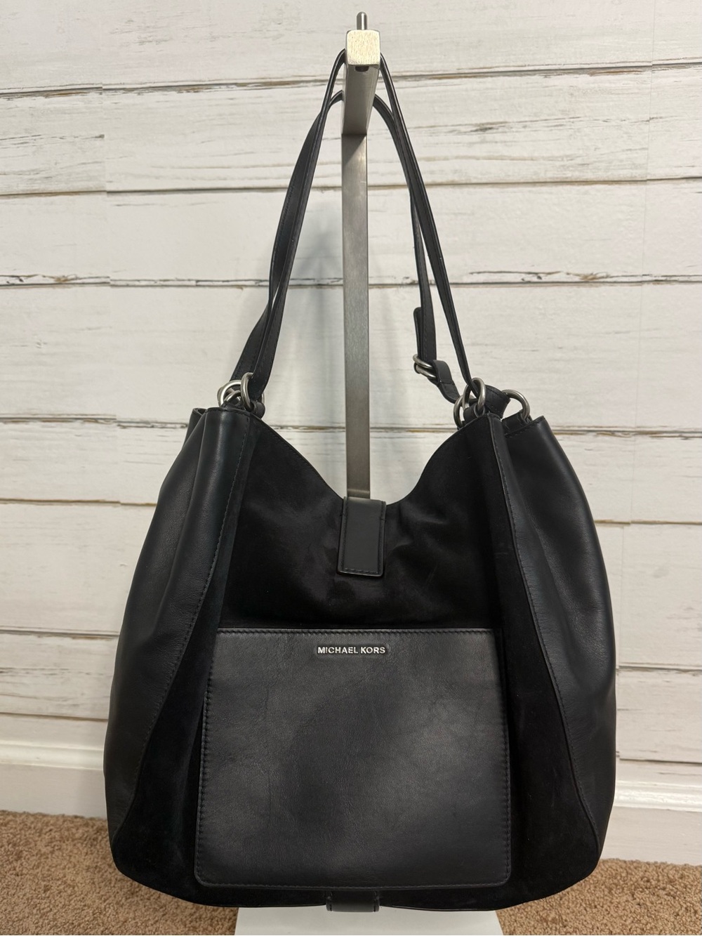 Michael Kors Quincy Large Black Suede Leather Shoulder Bag